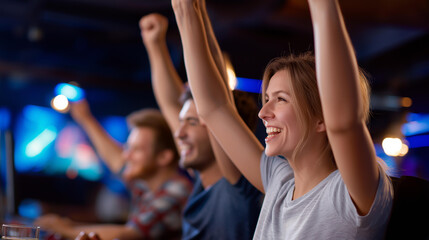 Fototapeta premium Faceless happy multiracial cybersport team celebrating success, raising hands up while participating in esports tournament in gaming club, defocused background, with copy space