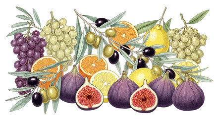 Fresh fruit arrangement with figs, citrus, grapes and olives