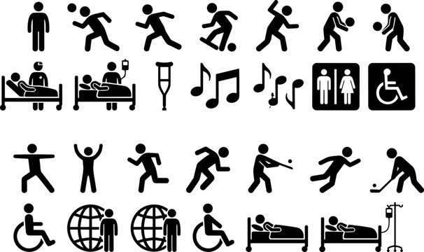 Human activity and accessibility silhouette vector illustration collection, twenty-four black icons showing sports, healthcare, rest, and universal symbols