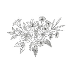 vector illustration of flowers. A bouquet of flowers with roses, marigolds and lilies. © Ornavi