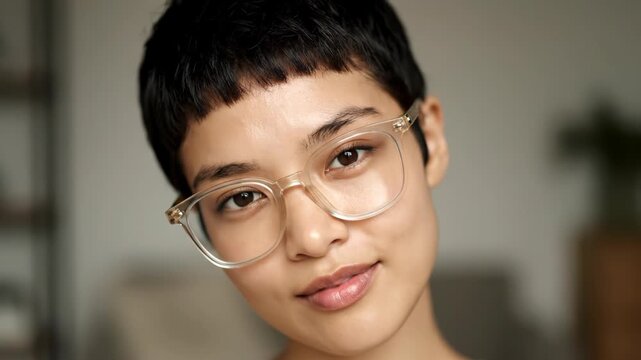 Close-up portrait of a young woman with short hair and glasses looking at the camera.