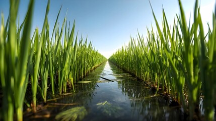 Fototapeta premium A symmetrical, low-angle view looking down a narrow water irrigation channel between two lush, vibrant green rows of rice plants under a clear blue sky.