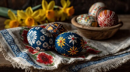 A beautifully decorated Easter egg display with vibrant flowers and traditional Ukrainian pysanky on a rustic table setting.