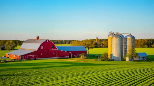 Red barn and metal grain silos surrounded by green farmland fields under clear blue sky in peaceful rural agricultural landscape