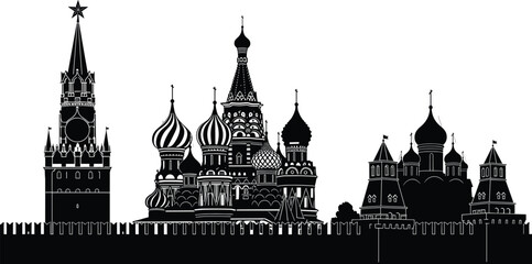 Black and white silhouette of iconic russian buildings including the kremlin and saint basil's cathedral © Its Morsed here