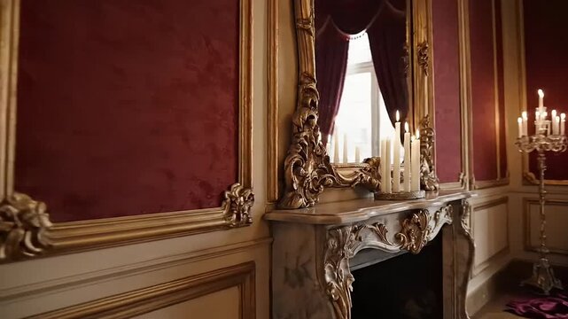 Elegant Parisian apartment interior with ornate gilded mirrors and candles