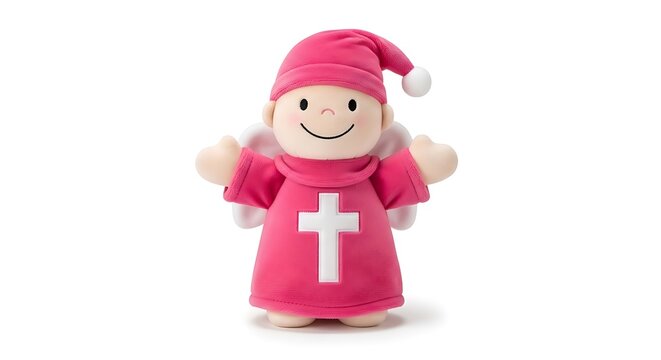 Cute pink plush toy figure with white cross and hat on white background