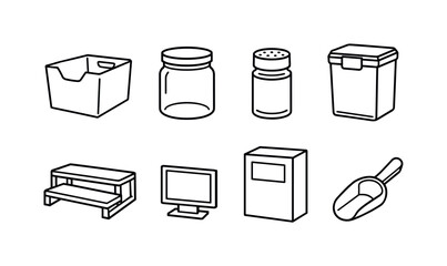 Home pantry organization tools: linear style storage bin, glass jar, spice jar, airtight container, cereal box, shelf riser, label holder, scoop spoon