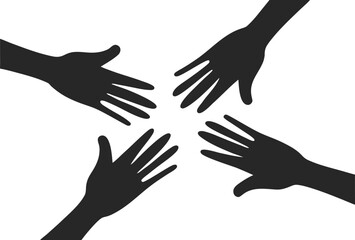 Fototapeta premium Four black silhouetted hands reaching towards center silhouettes
