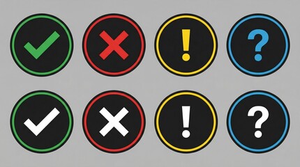Circular UI icons with colored borders, check marks, X symbols, exclamation alerts, question marks, contrast variations, accessibility, signage clarity.