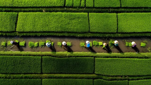 Aerial view of farmers planting rice in lush green fields. Workers wear colorful hats and clothing, standing in water between rows of rice plants.