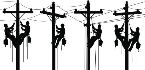 Four silhouette workers climbing utility poles with tools and buckets © MstMoksada