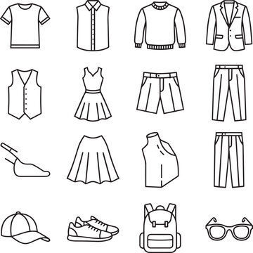 A collection of various clothing items and accessories on a white background