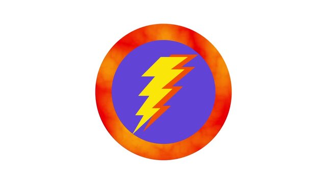 A powerful yellow lightning bolt encased in a purple circle with an orange glow centered on a clean white background to represent rapid power