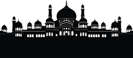 Silhouette of a grand mosque with multiple domes and minarets against a plain background architecture © Its Morsed here