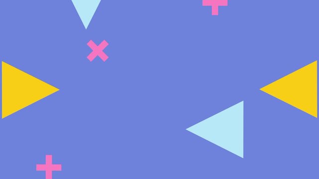 A calm blue backdrop features scattered geometric shapes like triangles and plus signs in shades of yellow pink and light blue for a modern feel