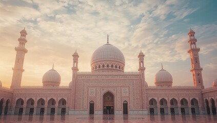 Fototapeta premium Majestic pink marble mosque illuminated softly by the warm glow of an atmospheric sunrise or sunset sky