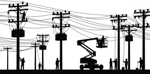 Silhouette of workers repairing power lines with a lift truck and utility poles © MstMoksada