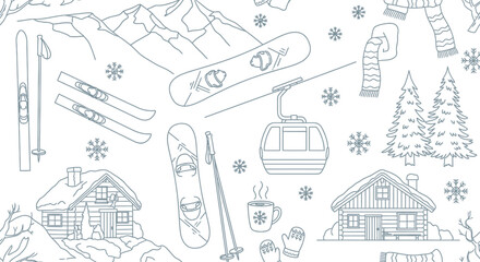 Outline Seamless Pattern of Winter Sports Elements Featuring Skis, Snowboard, Gondola, Snowy Chalets, and Warm Beverages on an isolated white background. © Rehan