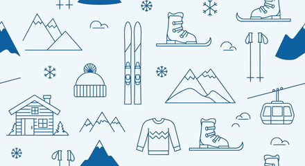 Seamless Pattern with Minimalist Winter Mountain Elements and Ski Resort Icons on Light Blue Background