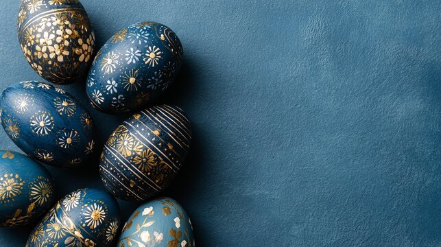 A collection of beautifully decorated Easter eggs on a blue background