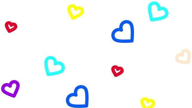 Tiny colorful hand drawn hearts in red yellow and blue are scattered across a clean white surface for a cheerful and lighthearted pattern