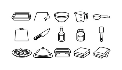 GoHome roasted parsnip strips tools: linear style baking tray, parchment paper, mixing bowl, measuring cup, measuring spoon, spatula, cutting board, chef knife,