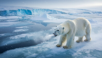 footage of a polar bear hunting fish through Arctic sea ice near a glacier. Ultra-realistic wildlife scene in natural cold daylight. Perfect for stock.