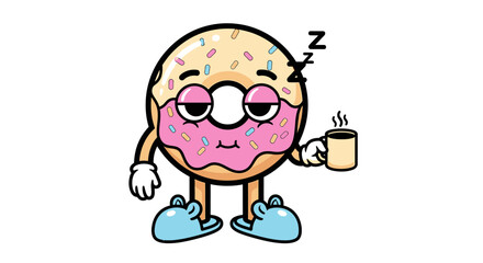 Tired Cartoon Donut Character Enjoying Morning Coffee in Blue Slippers