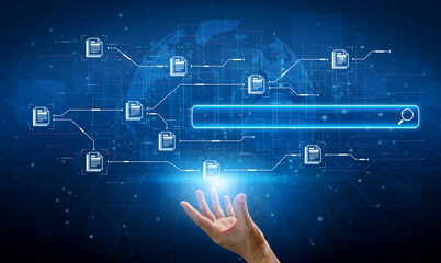 AI search engine concept visualizes connected documents through digital process and data search network system. Corpus