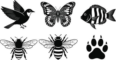 Black and white of a bird, butterfly, fish, bees, and paw print 1 © MSTSHARMIN