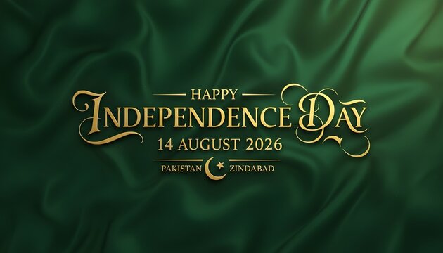 Premium Happy Independence Day 14 August 2026 Calligraphy on Green Silk