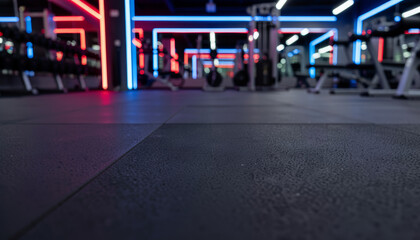 Modern Gym Interior with Weightlifting Equipment and Vibrant Neon Lights