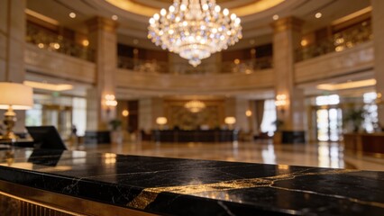 Elegant Marble Counter in Grand Hotel Lobby with Sparkling Chandelier and Luxurious Ambiance
