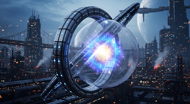 Futuristic city skyline with advanced energy core