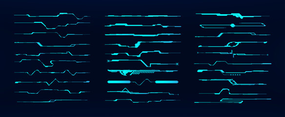  Futuristic HUD Line Dividers Neon Blue Sci-Fi UI Elements Set. Vector blue sci-fi HUD callouts titles, cyberpunk lines dividers and interface borders on dark background. UI callouts titles. Vector se © SergeyBitos