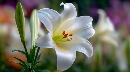 A beautiful white Easter lily in full bloom with vibrant orange stamens and green leaves in a garden setting.