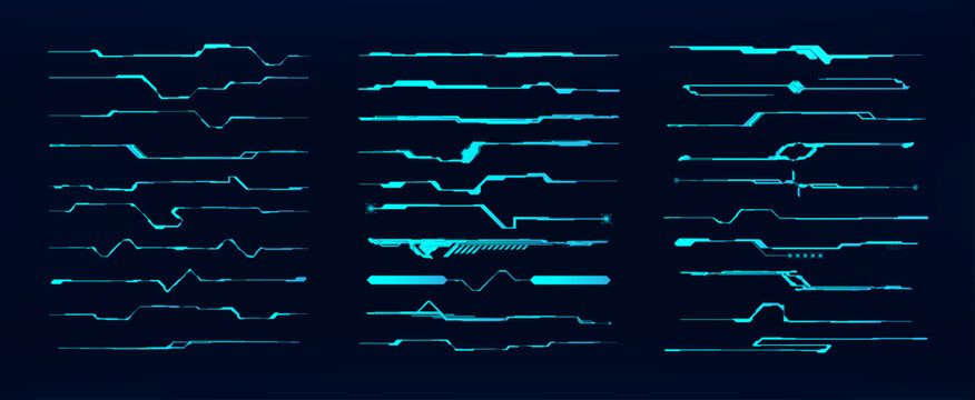  Futuristic HUD Line Dividers Neon Blue Sci-Fi UI Elements Set. Vector blue sci-fi HUD callouts titles, cyberpunk lines dividers and interface borders on dark background. UI callouts titles. Vector se