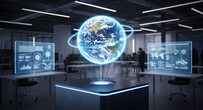 Futuristic technology displays a globe and data screens in a modern room, representing innovation and global connectivity.