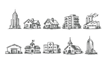 Collection of various building illustrations like skyscraper houses factory and church