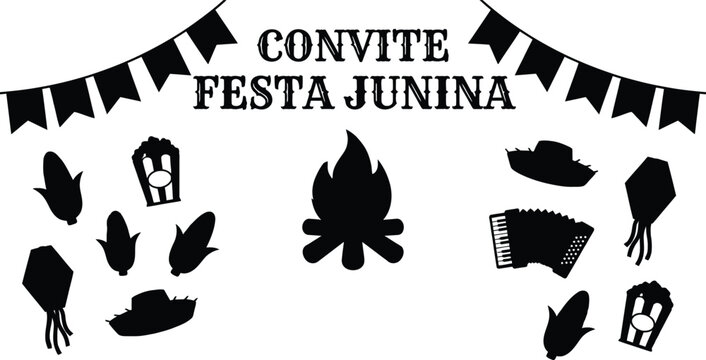 Black silhouette set for traditional Brazilian Festa Junina invitation with bonfire bunting flags sweet corn popcorn straw hat and accordion celebrating rural party.