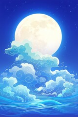 Fototapeta premium White full moon with clouds in the night sky vector. Ocean waves under mystic moonlight. Celestial nature scene for graphic design.