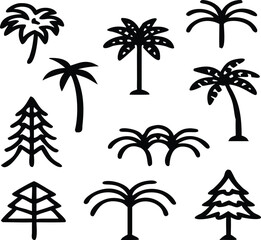 Fototapeta premium Tropical and Pine Tree Vector Set Cartoon & Silhouette 2D Game Assets