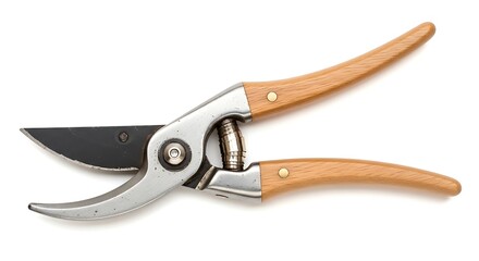 Pruning shears with wooden handles and silver blades on white background