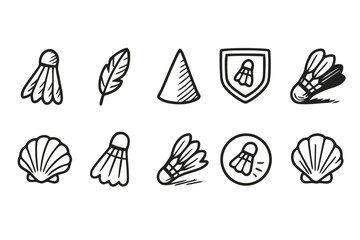 Doodle icons of badminton shuttlecocks feather cone shield and seashells © AniaNoor