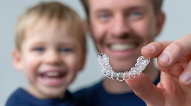 Smiling caucasian father and son with dental aligner focus