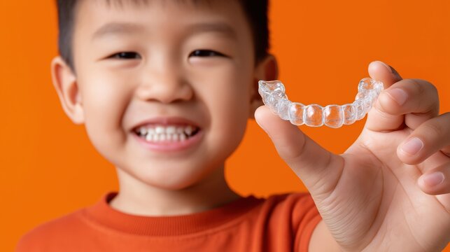 Asian male child smiling with clear aligners in hand on orange background
