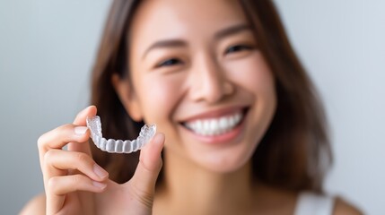 Smiling asian young adult female holding clear dental aligner