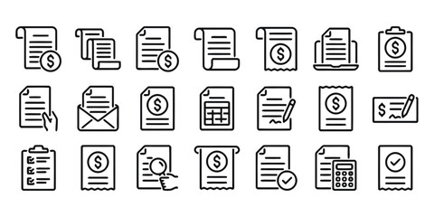 Financial documents and payment icons set invoice bill and accounting symbols for finance management