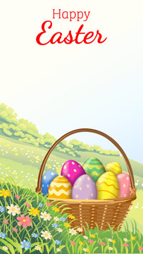 Happy Easter vertical vector illustration with colorful painted eggs in wicker basket on green spring meadow with flowers and copy space for text.
